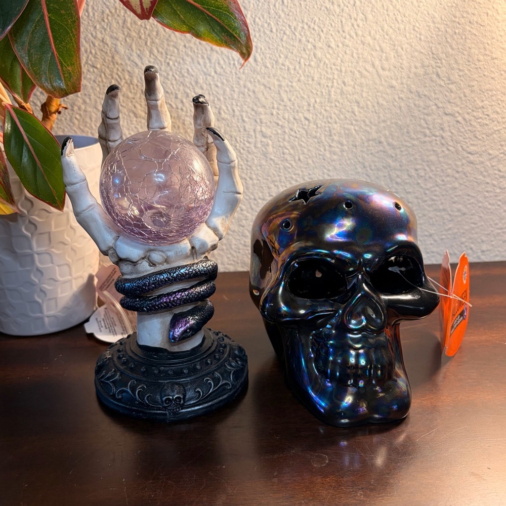 Iridescent Ceramic Light Up Witches Skull and Orb Holiday Decor
